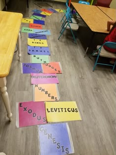 a classroom with many colorful rugs on the floor and one has writing on it