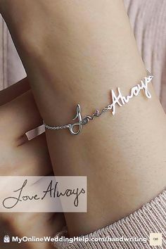 A handwriting bracelet! A different gift idea for the wedding party or loved one. This bracelet is personalized with your own handwritten. It's perfect as a gift for the bride, moms, or bridesmaids. $36.00 Learn more or buy in the MyOnlineWeddingHelp.com products section. #WeddingJewelry #HandwritingBracelet #WeddingGifts