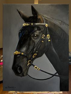 a painting of a black horse wearing a bridle on it's head