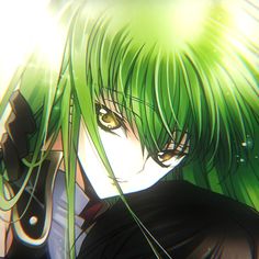 an anime character with green hair and black clothes