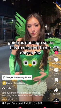 #halloweencostumeideas #original #creative #funny Duolingo Costume, Duolingo Party, Disney Princess Costumes, Bird Costume, Rick Ross, Princess Costume, Halloween Inspiration, Tupac, Halloween Ideas