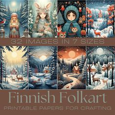 the cover of finnish folk art printable papers for crafting, including pictures and text