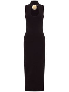 black fine ribbed cut-out detailing gold-tone hardware mock neck sleeveless side slit straight hem calf-length Midi Dress Black, Yoko London, Wardrobe Edit, Exclusive Fashion, Ballet Flat Shoes, Lady Dior, Black Midi Dress, Cocktail Dress Party, Jacket Tops