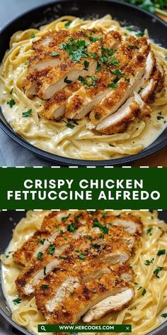 two plates of chicken fettuccine alfredo with parsley