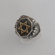 Men silver signet ring with gold Magen David.  Classic design men ring. Classic Silver Star Shaped Rings, Classic Polished Star Shaped Signet Ring, Classic Star-shaped Signet Ring With Polished Finish, Classic Star Shaped Signet Ring With Polished Finish, Luxury Silver Star-shaped Ring, Star Of David Engraved Ring As Gift, Star Of David Engraved Rings For Gifts, Engraved Star Of David Ring As Gift, Silver Star-shaped Formal Rings