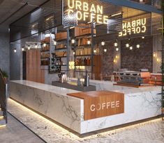 an urban coffee shop with marble counter tops and wooden shelves, along with neon lights