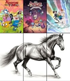 some cartoon characters and their horses are depicted in four different color scheme options for each character