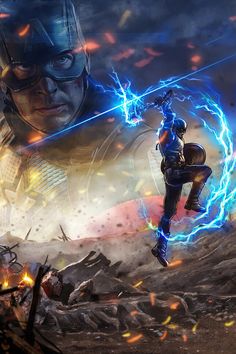 captain america the winter soldier is flying through the air with his arm outstretched and lightning coming out