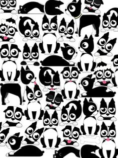 black and white cats with big eyes are shown in this pattern, which is very similar to the cat's head