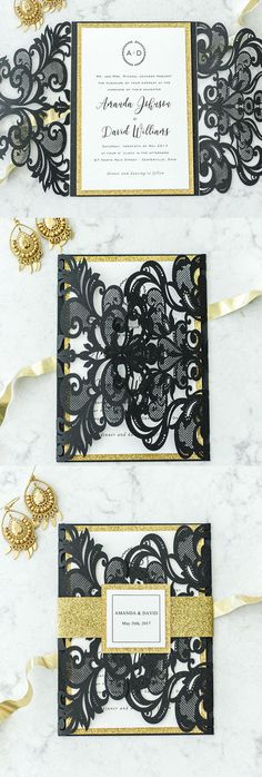 black and gold wedding stationery with ribbon on the side, in front of a marble background