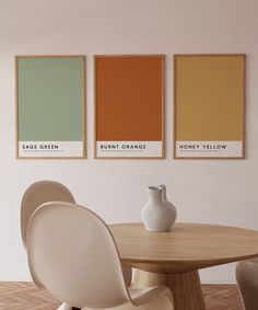 three different shades of orange, green, and yellow on the wall in a dining room