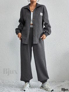 Bjux - Contemporary Two-piece Waffle Set: Sophisticated Button-Front Long Sleeve Shirt and Comfortable Elastic Waist Jogger Pants Ensemble - Womens Fashion Casual Workwear Sets With Button Closure, Casual Loungewear Sets With Button Closure, Solid Color Pants With Buttons For Loungewear, Loungewear Pants With Buttons, Casual Sets With Button Closure For Daywear, Casual Daywear Sets With Buttons, Casual Fall Sets With Buttons, Solid Color Sets With Button Closure For Loungewear, Chic Button-up Sets