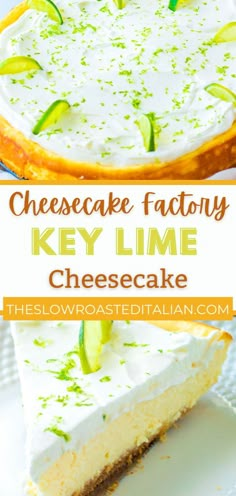 the cheesecake factory key lime cheesecake is on a white plate with a fork