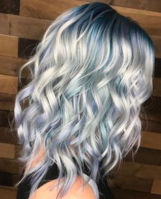 Pastel Blue And Blonde Hair, Fun Winter Hair Colors For Blondes, Blue And Silver Hair Color, Fun Summer Hair Colors, White Hair With Colored Tips, White Hair With Blue Highlights, Silver Blue Highlights, Blonde With Blue Highlights, Silver And Blue Hair