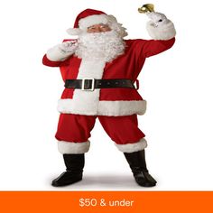 a man dressed as santa claus holding a bell