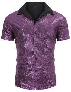 PRICES MAY VARY. Stretchy Material- This mens disco top is made of 100% polyester, which is a stretchy material that provides comfortable wear throughout the day. The breathable lined mesh helps keep you cool, making it suitable for wearing in various settings. Additionally, it is easy to put on and take off. FULL SEQUIN COVERED DESIGN - AstoSeu Mens short sleeve full sequin shirts has a contrast collar, five buttons closure,relaxed fit design.Full sequins with soft mesh lining protecting skin f Fitted Short Sleeve Shirt For Party Season, Disco Style Short Sleeve Summer Shirt, Summer Disco Style Short Sleeve Shirt, Fitted Collared Party Top, Fitted Collared Top For Party, Summer Disco Style Party Shirt, Party Short Sleeve Shirt, Summer Disco Party Shirt, Party Season Short Sleeve Shirt