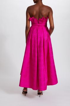 Italian Moiré bias inverted ruffle neckline with release pleat tea-length skirt. Shown in Fuchsia. Amsale Dress, Tea Length Skirt, Ankara Dresses, Summer Soiree, Tea Length, Little White Dresses, Ruffle Dress, Timeless Beauty, Fabric Color