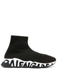 Harness your need for speed in these black Speed stretch-knit sneakers from Balenciaga. Designed with the iconic sock-style construction and a logo-printed rubber sole, this up-tempo pair promise to elevate any look. Featuring ribbed cuffs, a round toe, a stretch-knit upper and a white rubber sole with printed logo. Sporty Black Running Shoes With Logo Print, Black Sporty Running Shoes With Logo, Black Sporty Sneakers With Logo Detail, Sporty Black Running Shoes With Logo, Black Low-top Running Shoes With Logo, Black Sporty High-top Sneakers With Logo, Black High-top Sneakers With Logo For Streetwear, Black High-top Sneakers With Logo Detail, Casual Black Running Shoes With Logo