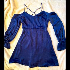 Great Young Style, Soft Silky Material, Rich Blue Color! Very Comfy Fit! Flirty Flowy Blue Mini Dress, Blue Off-shoulder Mini Dress For Date Night, Blue Off-shoulder Mini Dress For Night Out, Blue Flowy Dress For Date Night, Flowy Blue Dress For Date Night, Blue Dressy Dresses For Brunch, Dressy Blue Dresses For Brunch, Dusty Purple Dress, Blue Flowy Dress