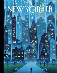 the new yorker magazine cover featuring two people walking down a city street at night