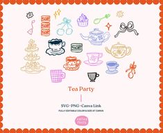 a tea party flyer with various items on it