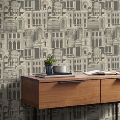 a desk with a potted plant sitting on top of it next to a wall paper