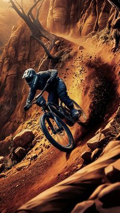 a man riding a mountain bike on top of a dirt covered slope in the desert