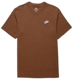 Sporty Brown Short Sleeve T-shirt, Casual Crew Neck Sports Top, Sporty Brown Cotton Tops, Nike Casual Workout T-shirt, Nike Casual Brown Tops, Casual Brown Nike Top, Sporty Brown Short Sleeve Top, Brown Athleisure Crew Neck Top, Brown Crew Neck Athleisure Top