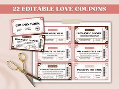 two coupons with scissors next to them on top of a pink background and the words coupon love coupons