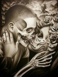 a black and white drawing of a skeleton kissing a woman's face with roses