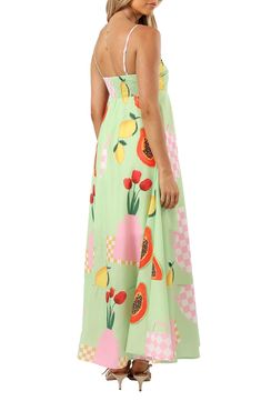 Juicy fruits and vibrant hues magnify the breezy casual style of this airy cotton dress in an A-line silhouette. Hidden side-zip closure Square neck Adjustable straps 100% cotton Partially lined Hand wash, dry flat Imported Cotton A-line Beach Dresses, Cotton A-line Sundress For Garden Party, Green A-line Midi Dress For Vacation, Cotton A-line Maxi Dress For Garden Party, Cotton A-line Sundress For Vacation, Summer A-line Maxi Dress For Picnic, Multicolor Summer Midi Dress For Garden Party, Playful Printed Dresses For Brunch, Multicolor Midi Dress For Summer Garden Party