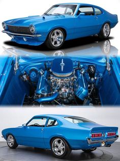 two pictures of an old blue car with the hood up and the engine in the back