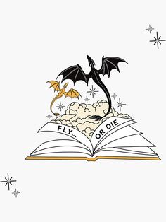 an open book with a dragon flying over it and the words fly on top of it