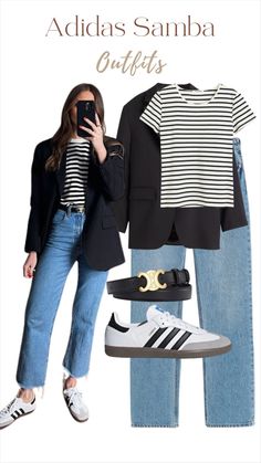 Work Outfit With Nike Sneakers, Women Outfit With Sneakers, Samba Xlg Outfits Women, Casual But Put Together Outfits, Women’s Outfits With Sambas, London June Outfit Ideas, Minimalist Clothing Style Women, Samba With Dress, Samba Outfit Winter