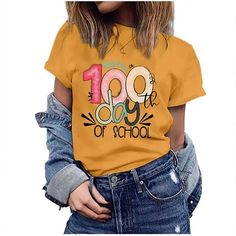 Happy 100th Day Of School Women's Multi-color Short Sleeve T-shirt Graphic Printed Tops Features: Very comfortable and super soft summer daily t-shirt fabric. Summer fall short sleeve crew neck casual graphic vintage t shirt tops in womens size. You can tie up the side or stuff it in shorts, jeans, skirts and kinds of pants to give a stylish street look. Perfect for party, festival, holiday, travel, workout, office, street and comfy enough to wear everyday. Recommend washed by hand gently in col Tops For Women 2023, Workout Office, Blouses Short Sleeve, Happy 100th Day Of School, Ladies Tops Blouses, Business Casual Top, Summer Tees, Cute Summer Tops, Basic Blouses