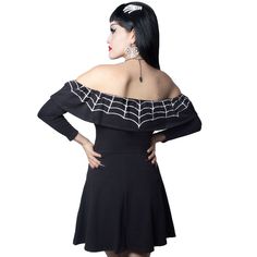 Looking for a way to show off your romantic side in a spooky and cute way? Look no further than our Kreepsville Web Heart ruffle dress! This darling dress features a white spider web pattern on the ruffle, as well as a big spider on a web heart on the front. Super soft 95% cotton and 5% spandex fabric. Its flowy skater skirt bottom and non-slip off shoulder ruffle top with ¾ sleeves will be sure to spin others into your web. Made in the USA. Halloween Mini Dress With Ruffles For Costume Party, Flirty Dresses For Halloween Costume Party, Flirty Halloween Dresses For Costume Party, Flirty Halloween Costume Party Dress, Halloween Mini Dress With Ruffles For Evening, Halloween Mini Dress With Ruffles, Halloween Evening Mini Dress With Ruffles, Gothic Ruffled Mini Dress For Halloween, Halloween Mini Dress Costume With Ruffles