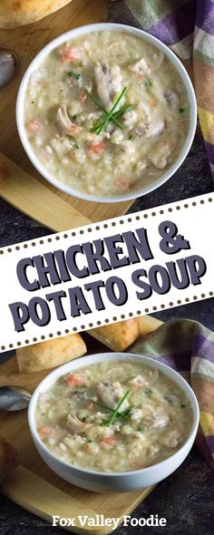 two bowls of chicken and potato soup on a cutting board