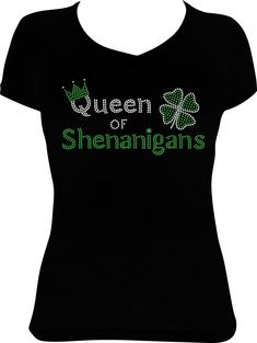 Celebrate St. Patrick's Day with our Blinged out 'Queen of Shenanigans' Rhinestone T-shirt. Our Shirts are fitted, so please check out our size chart before ordering to make sure you order the correct style and size. If you want your shirt a looser fit, please order a size up. Then choose the accent color you would like from the Rhinestone Color Chart. Your Design will be made with Crystal and the color of your choice using our Brilliant Cut high-quality Rhinestones. Celebrate someone or with someone special in your life with our 100% custom-made rhinestone shirts. To make a purchase simply add this item to your cart. *your shirt design will be 100% rhinestones.  If you are purchasing the transfer only, you are required to know the application process. We will not be held responsible for m Celebrate St Patricks Day, Bling Shirt, Rhinestone Shirt, Bling Shirts, Rhinestone Shirts, Shirts To Make, Paddys Day, Rhinestone Designs, Color Chart