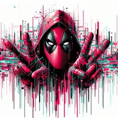 a deadpool character with his hands up in front of the camera, surrounded by colorful lines