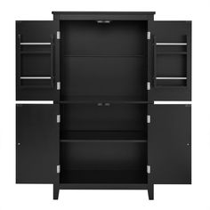 a black cabinet with two doors and shelves