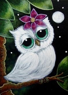 an owl sitting on top of a tree branch with a flower in its hair and green eyes