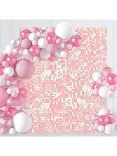 pink and white balloons are floating in the air over a mosaic tile background with an empty space for text