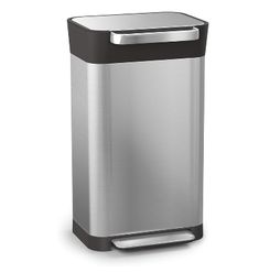 a stainless steel trash can with black trimming on the top and bottom, against a white background