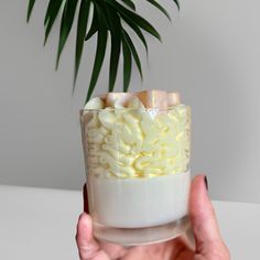 a person holding up a cup filled with marshmallows in front of a plant