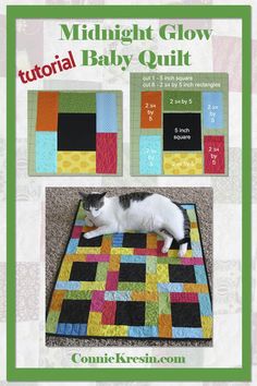 a cat laying on top of a patchwork quilt in front of a green frame