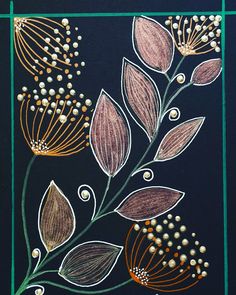 a drawing of flowers and leaves on a black background