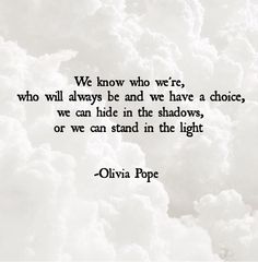 the quote we know who we are, who will always be and have a choice, we can hide in the shadows, or we can stand in the light