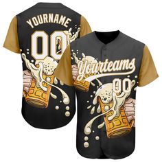 Custom Black White-Old Gold 3D Pattern Design Beer Festival Authentic Baseball Jersey Customizable Black Baseball Jersey For Team Events, Customizable Black Baseball Jersey For Sports Events, Customizable Black Baseball Jersey With Letter Print, Customizable Black Baseball Jersey With Collar, Customizable Baseball Jersey With Baseball Collar, Black Sublimation Design With Team Logo For Baseball Season, Black Sublimation Baseball Collar Shirt For Sports Season, Black Sublimation Design With Baseball Collar For Baseball Season, Baseball Jersey For Team Events