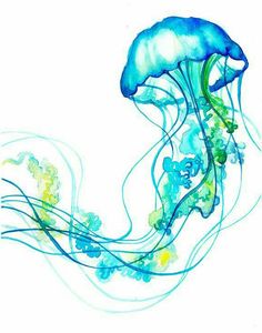 a blue and green jellyfish floating in the water with bubbles on it's back