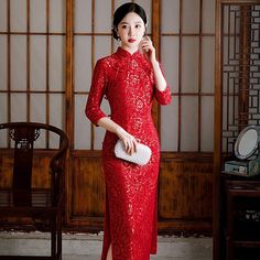 Formal Long Red Cheongsam, Fitted Lace Ao Dai With Long Sleeves, Elegant Red Ao Dai For Banquet, Elegant Red Ao Dai For Ceremony, Elegant Red Ao Dai For Ceremonies, Ceremonial Long Sleeve Ao Dai, Traditional Long Sleeve Ao Dai For Banquet, Wedding Long Sleeve Fitted Cheongsam, Fitted Long Sleeve Cheongsam For Wedding